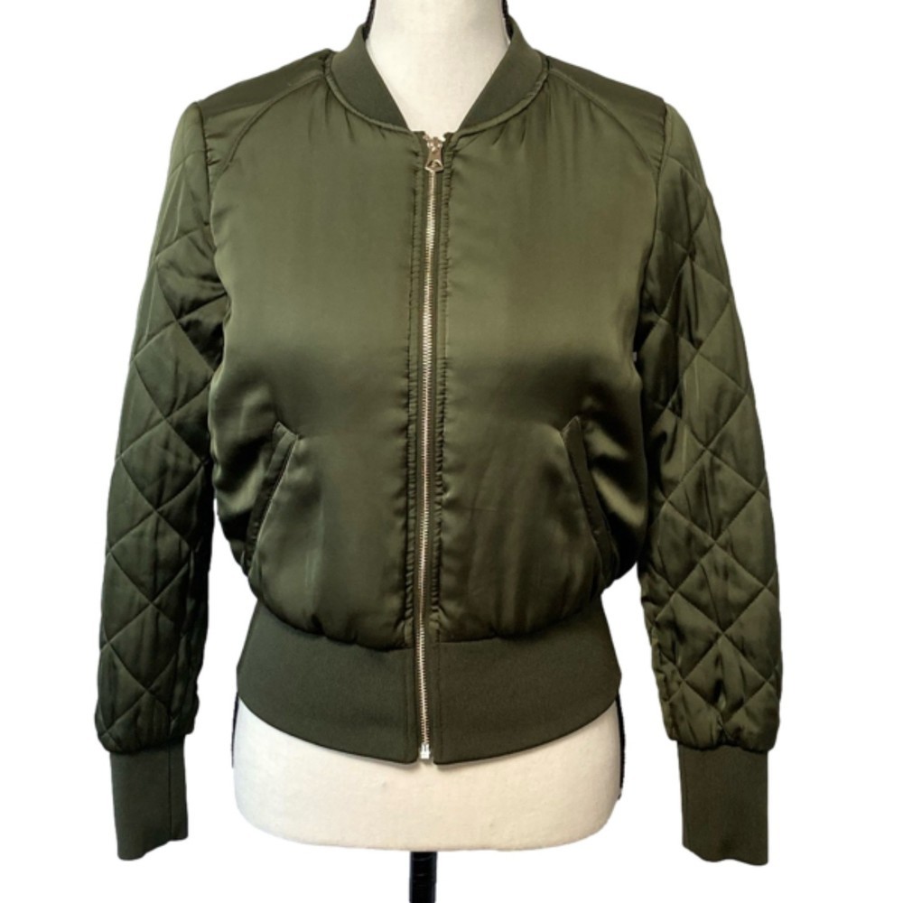 H&M Puffer Bomber Jacket Full Zip Cropped Bomber Jacket Waffle Puff Sleeve Green